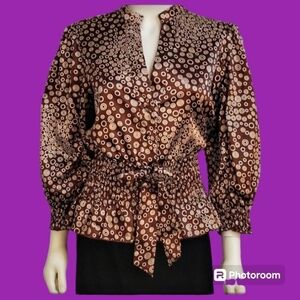 DESIGN WORKS Satin Bubble Smock Waist Tie Peplum Atomic Landgirl Blouse